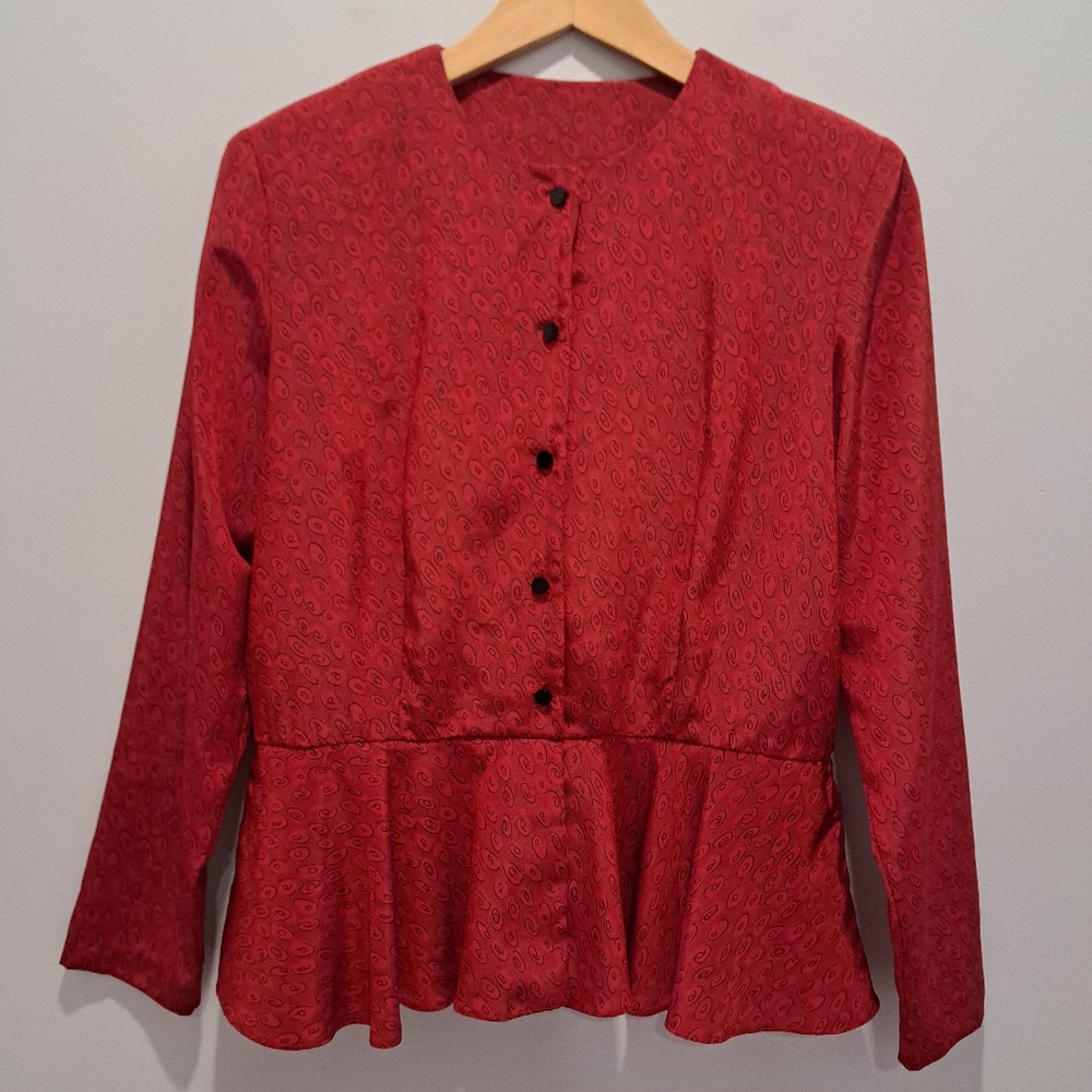 Vintage 80s Red Silky Peplum Longsleeve Romantic Coquette Twee Blouse Womens 10